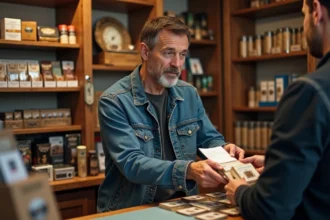 Homme d'âge moyen achetant du tabac dans un magasin espagnol