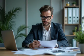 Homme en costume examine une fiche de paie dans un bureau moderne