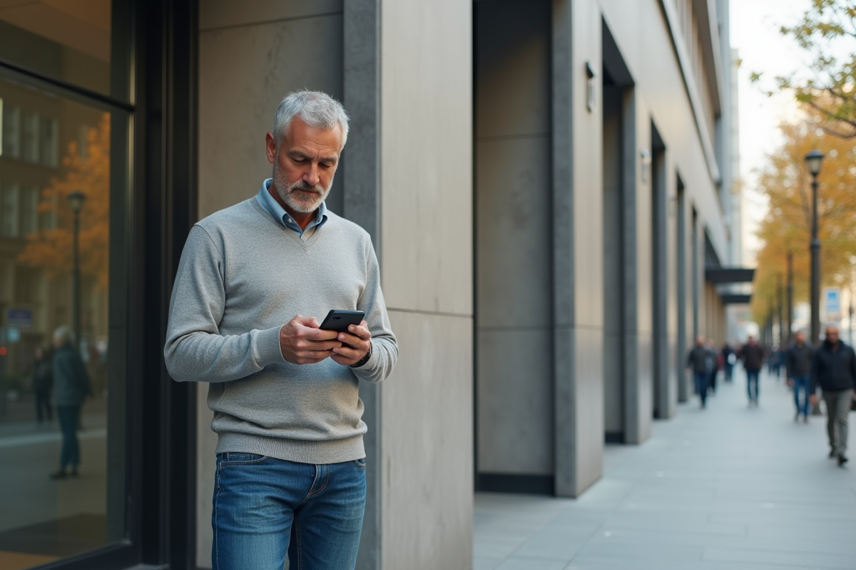 Homme vérifiant le prix de Solana sur son smartphone devant une banque