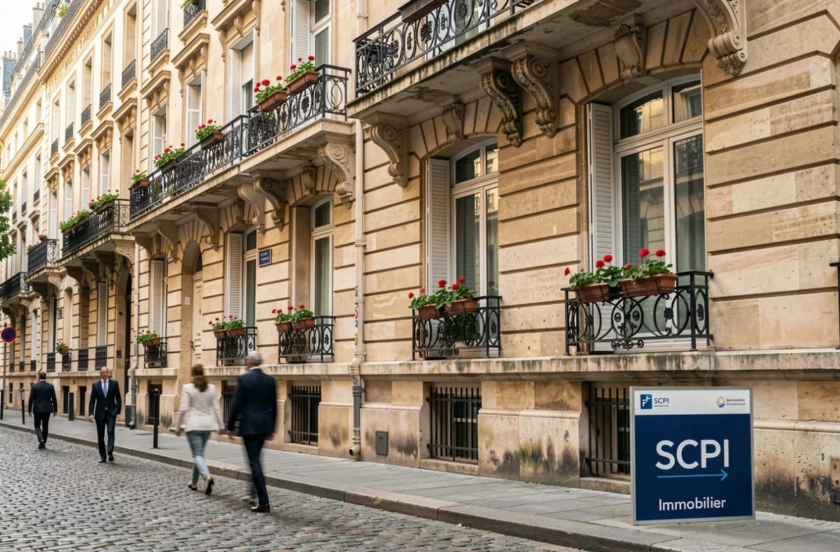 Façade d'un immeuble haussmannien parisien avec panneau immobilier SCPI en premier plan, symbolisant l'investissement locatif et la défiscalisation immobilière
