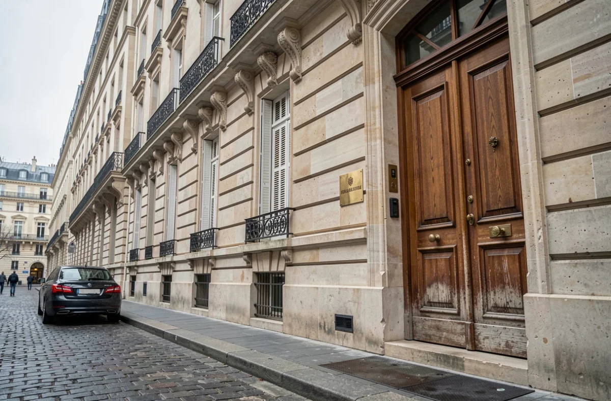 Façade d'immeuble haussmannien parisien avec plaque en laiton, évoquant les biens immobiliers et la fortune discrète d'André-Louis Auzière