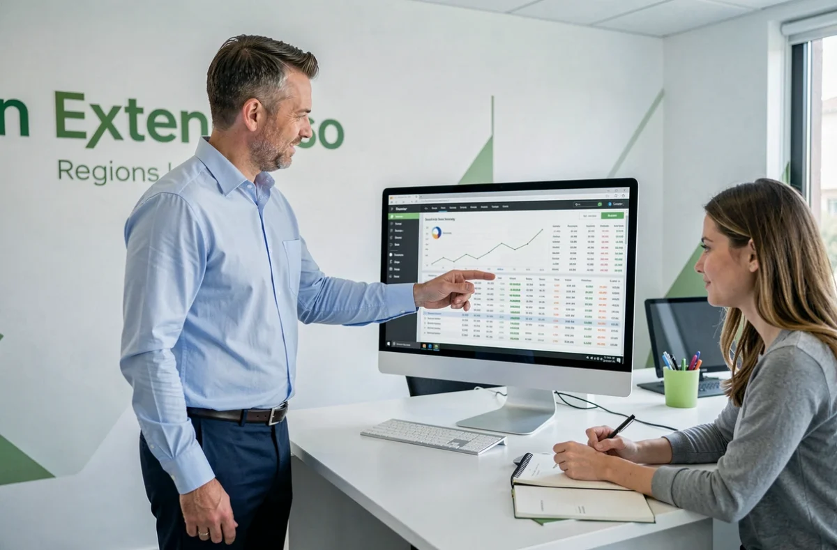Comptable d'In Extenso expliquant un tableau de bord financier à une collègue dans un bureau moderne à Paris