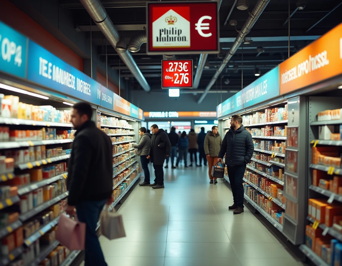 Vue grand angle de l'intérieur d'un magasin frontalier duty-free avec rayons de cigarettes Philip Morris et étiquettes de prix 2026