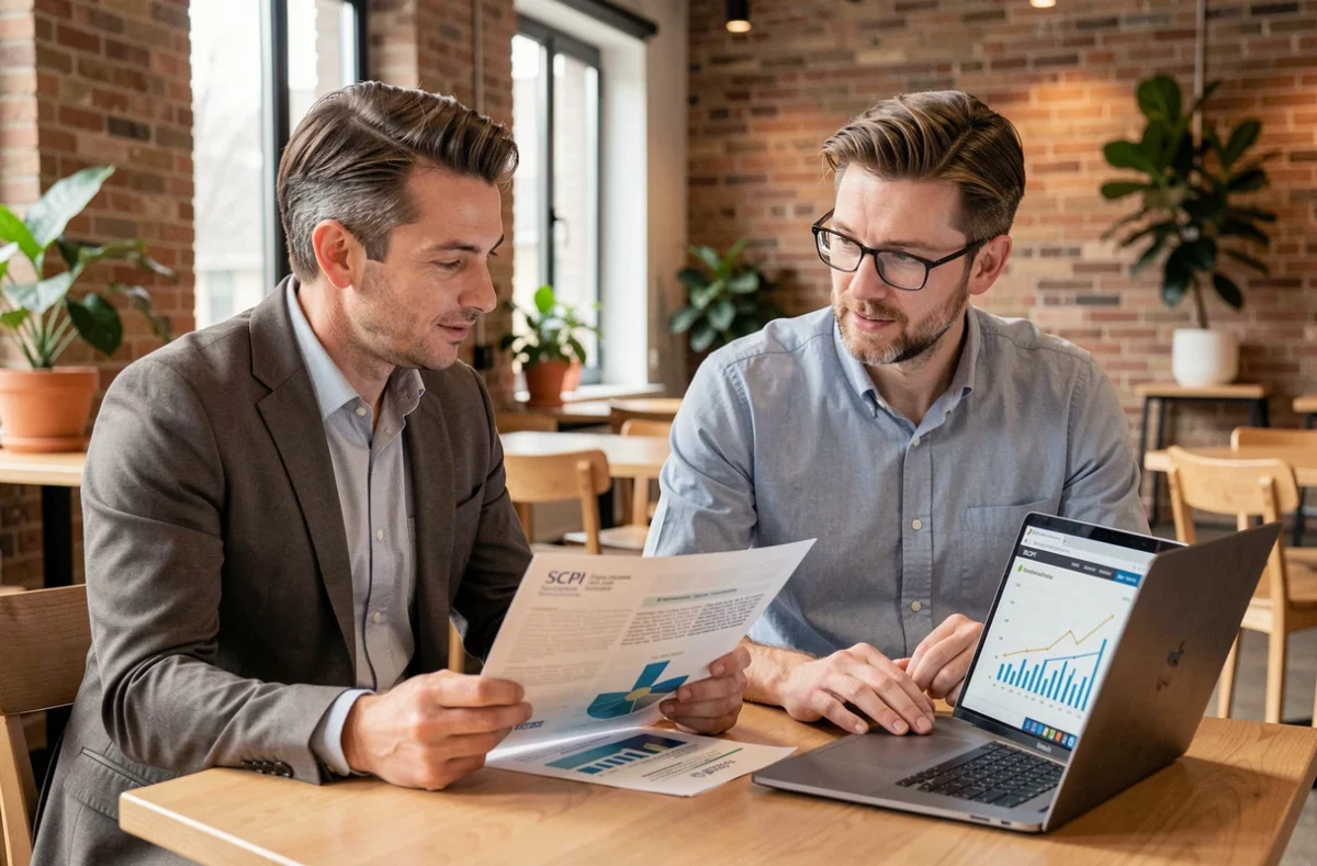 Deux investisseurs étudiant une brochure de SCPI de rendement dans un espace de coworking moderne