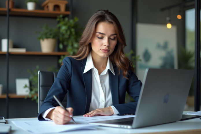 Jeune femme entrepreneure au bureau avec ordinateur et documents