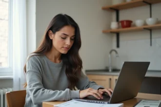 Jeune femme modeste gérant son budget sur un ordinateur portable avec des pièces de monnaie sur une table en bois