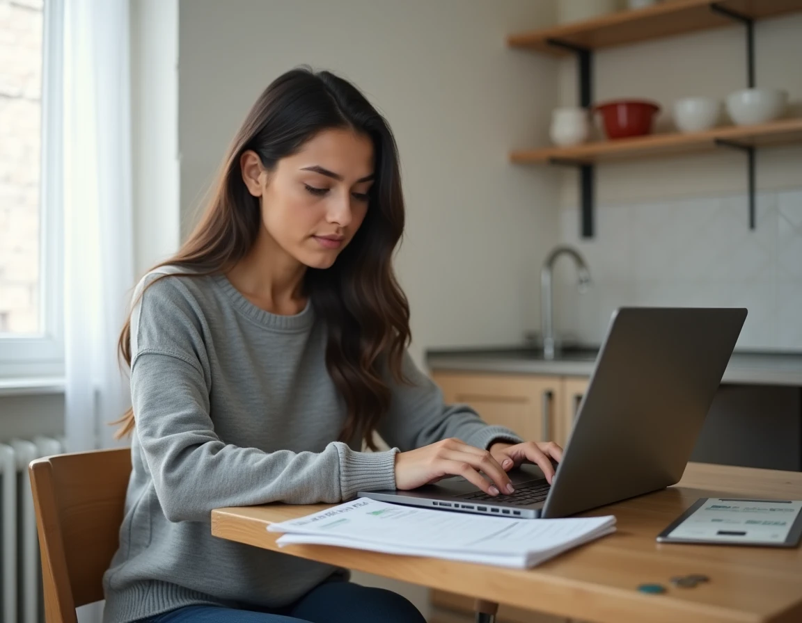 Jeune femme modeste gérant son budget sur un ordinateur portable avec des pièces de monnaie sur une table en bois