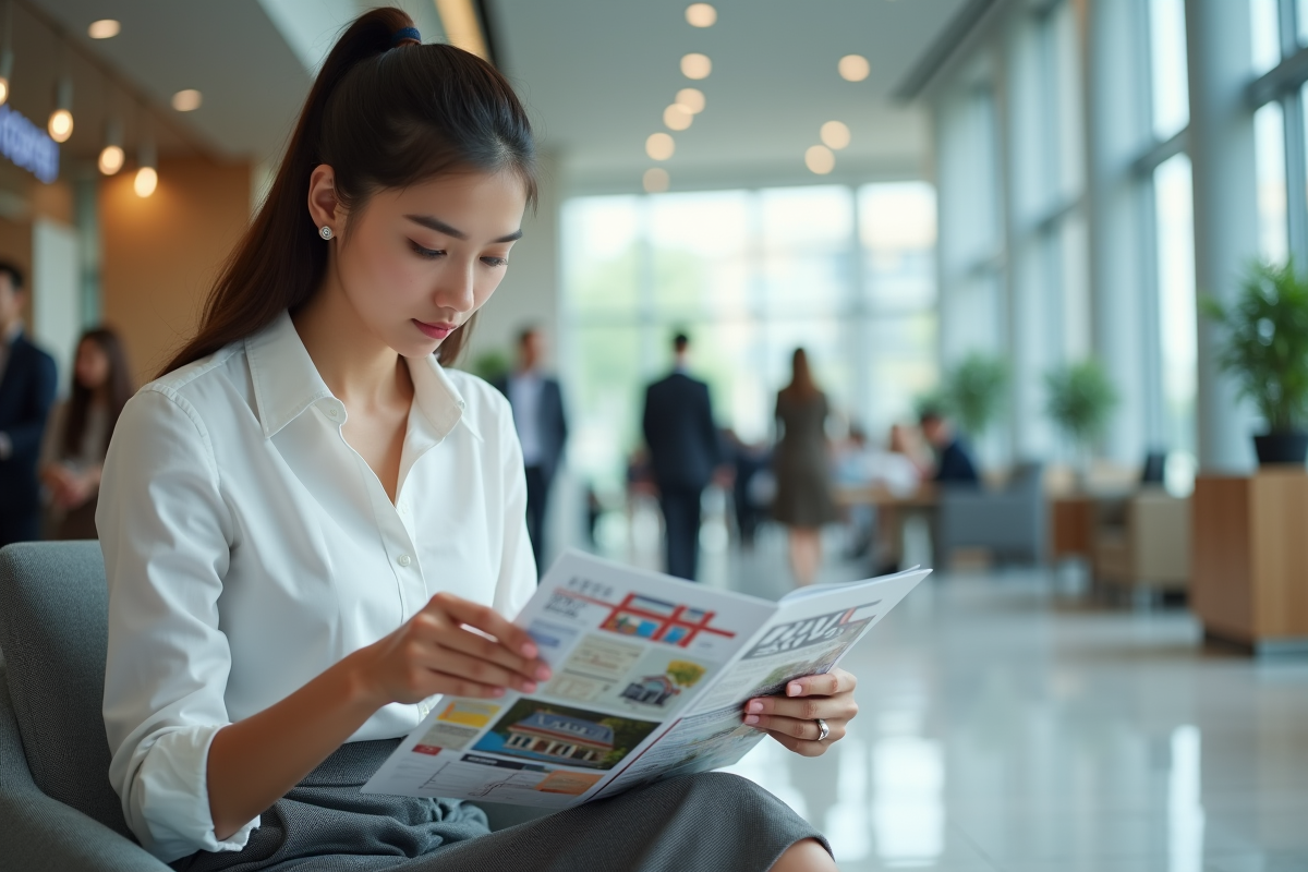 Jeune femme examine brochures de credit immobilier dans banque