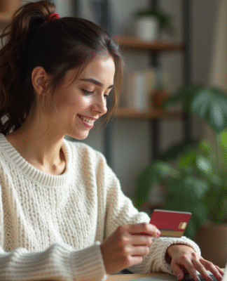 Jeune femme saisissant un numéro de carte sur son ordinateur