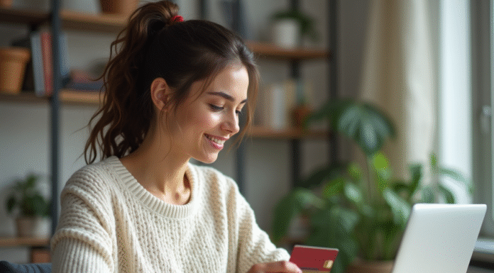 Jeune femme saisissant un numéro de carte sur son ordinateur