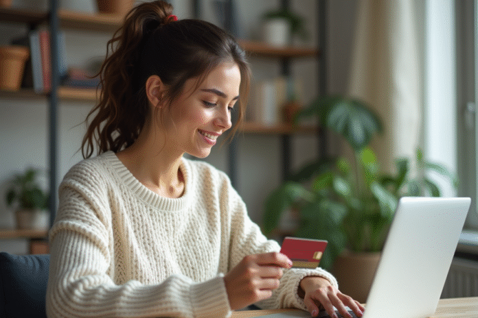 Jeune femme saisissant un numéro de carte sur son ordinateur