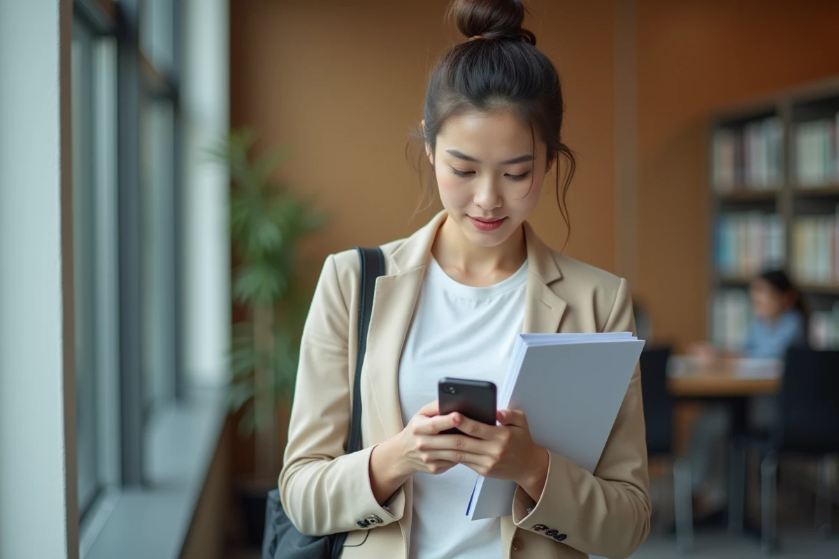 Jeune femme consultant son smartphone dans une salle d'attente administrative pour suivre son paiement Pôle emploi