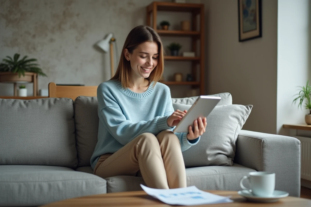 Jeune femme souriante gérant ses finances sur une tablette à la maison