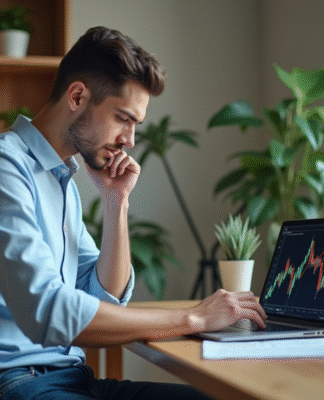 Jeune homme analysant des graphiques boursiers sur son ordinateur