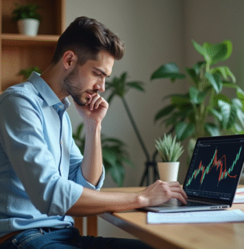 Trading futur : quelle pièce choisir pour les meilleures performances ? Jeune homme analysant des graphiques boursiers sur son ordinateur
