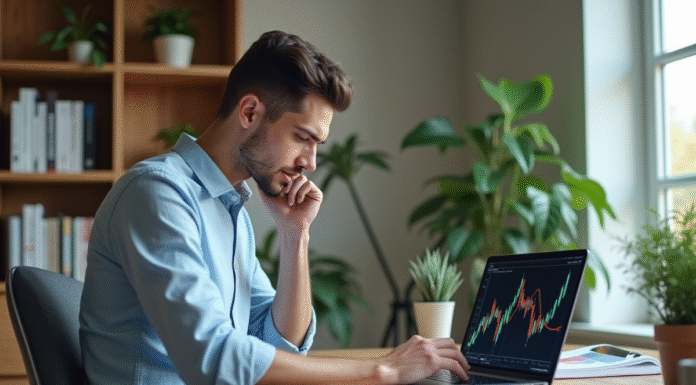 Jeune homme analysant des graphiques boursiers sur son ordinateur