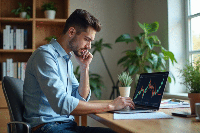 Jeune homme analysant des graphiques boursiers sur son ordinateur