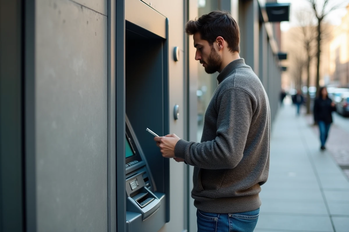 Jeune homme utilisant un distributeur automatique en extérieur