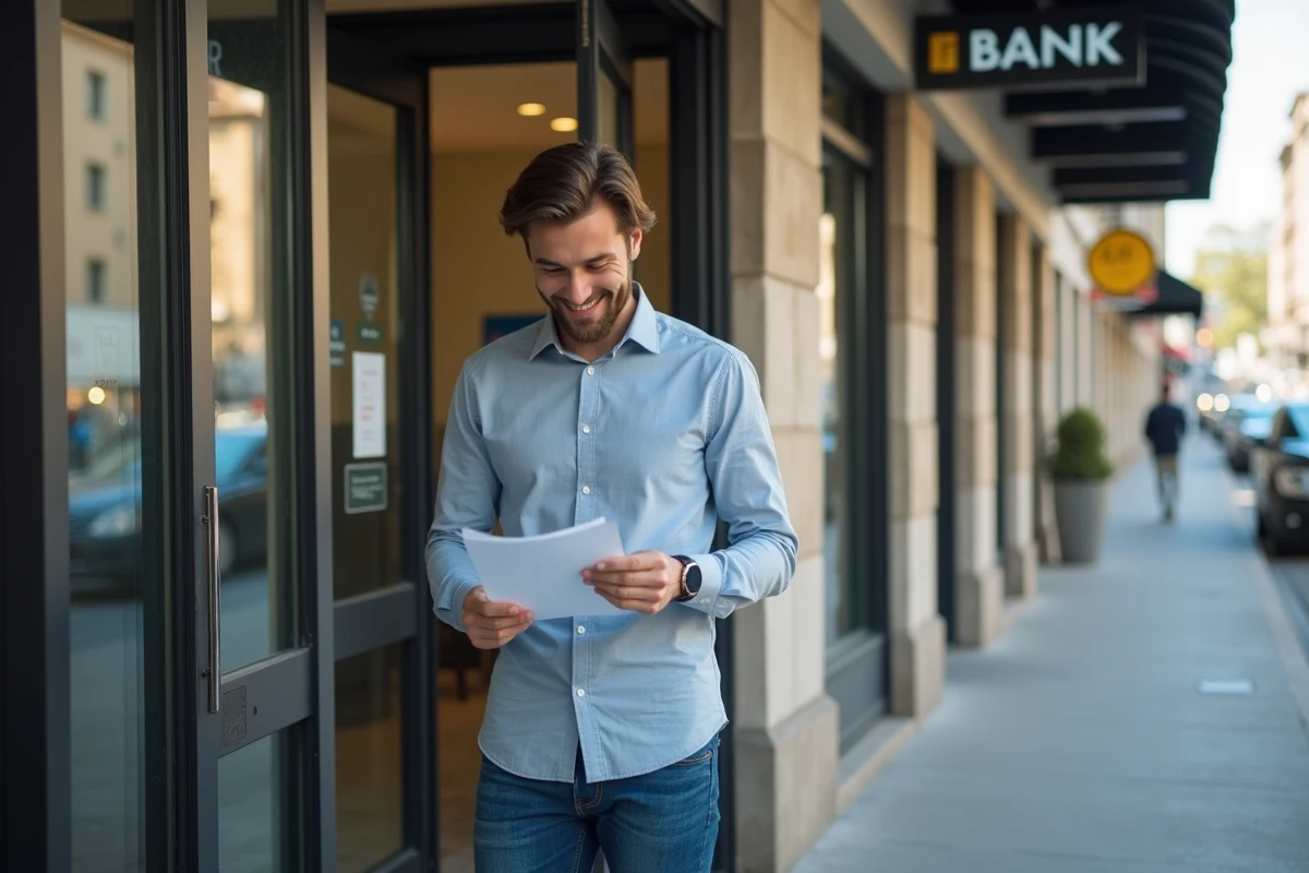 Jeune homme sortant de la banque avec documents en main
