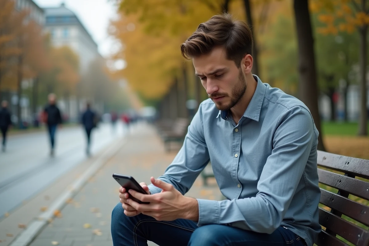 Jeune homme utilisant son smartphone dans un parc urbain