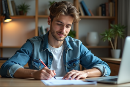 Jeune homme en denim au bureau à domicile concentré