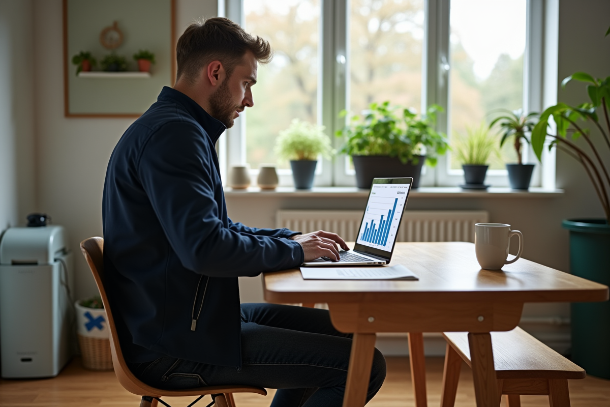 Jeune homme utilisant un ordinateur avec graphique carbone