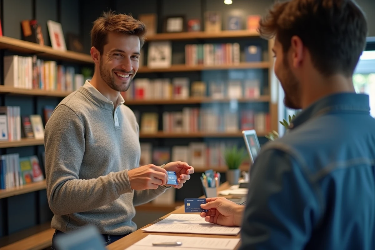 Jeune homme présentant une carte Kadéos en librairie