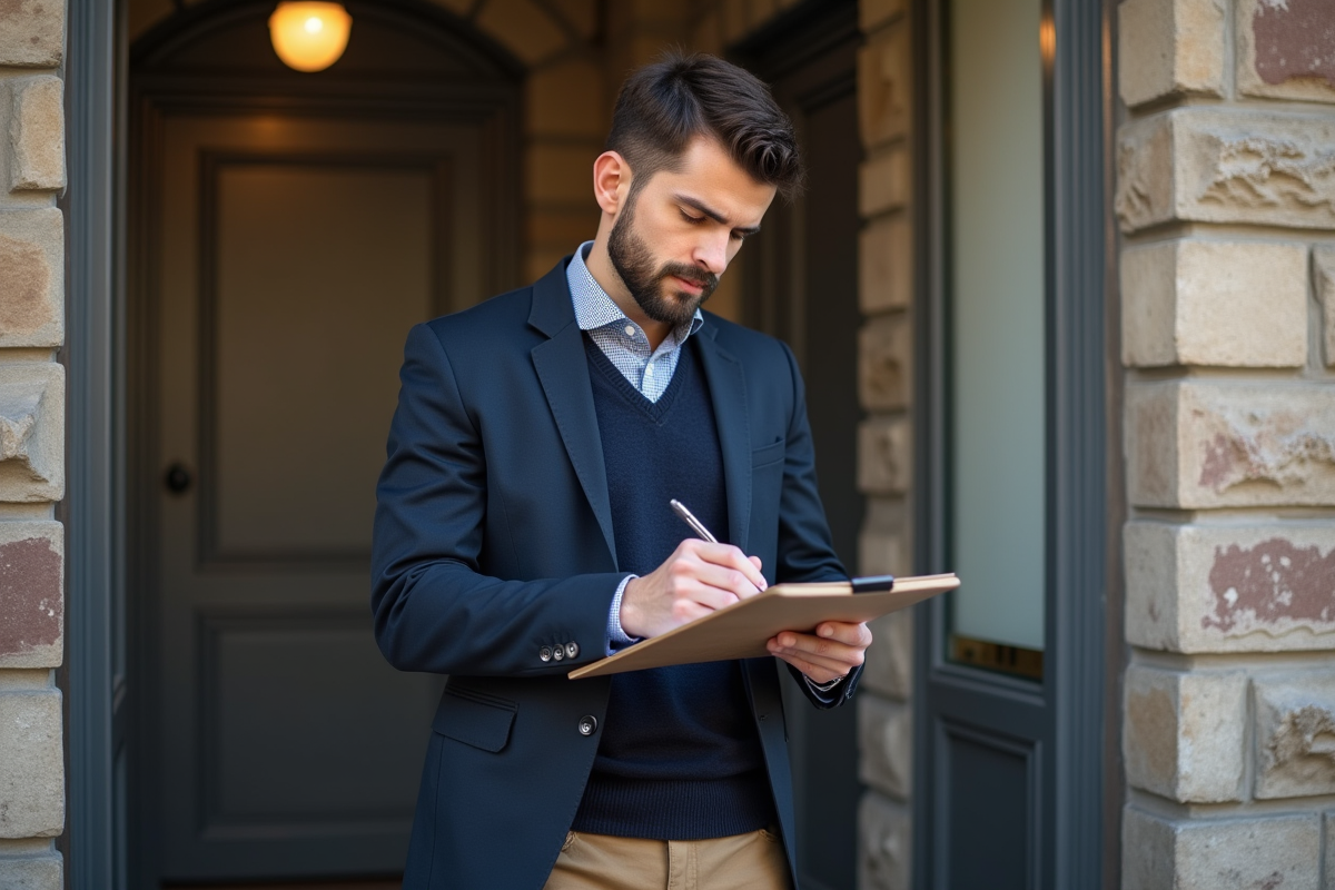 Jeune homme signe un document devant un notaire en extérieur