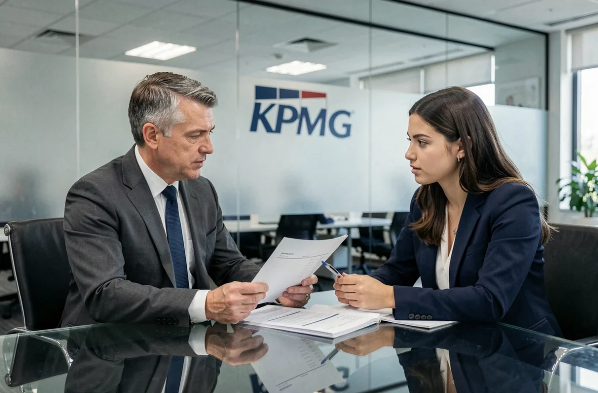 Deux professionnels du cabinet KPMG analysant des rapports financiers dans une salle de réunion vitrée