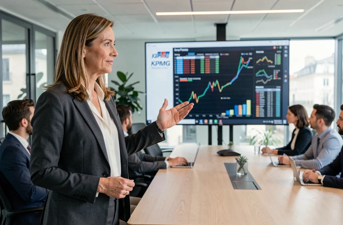 Professionnelle de KPMG Paris présentant des données financières sur un écran numérique dans une salle de conférence moderne