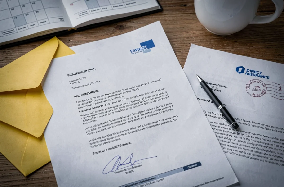 Lettre de résiliation assurance prête à envoyer avec enveloppe et contrat sur bureau