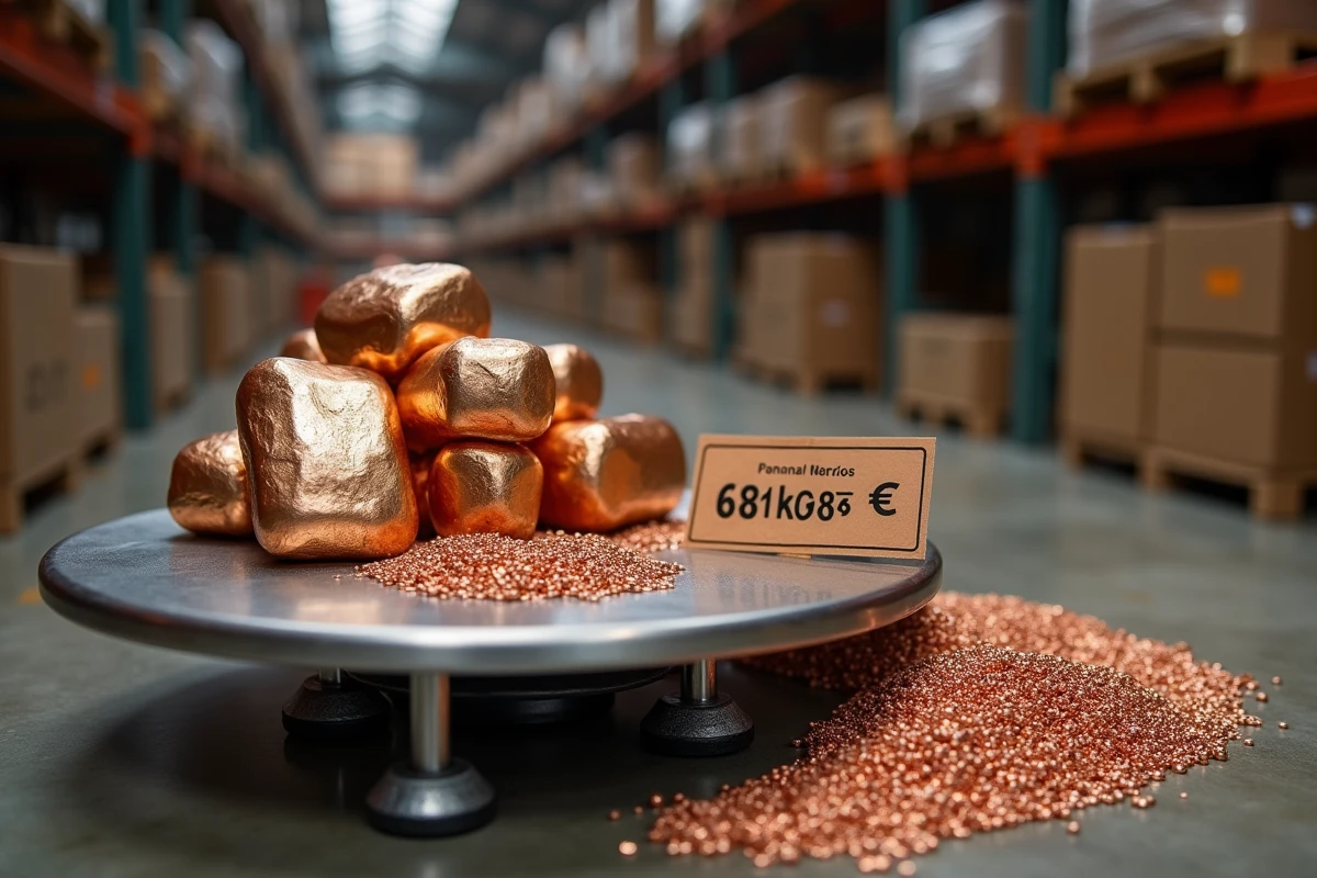 Lingots et granules de cuivre sur une balance industrielle avec étiquette de prix au kilogramme en entrepôt