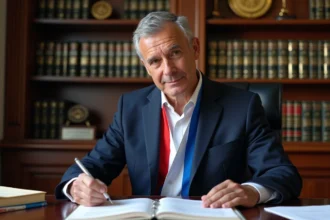 Le maire en costume avec sash dans son bureau officiel
