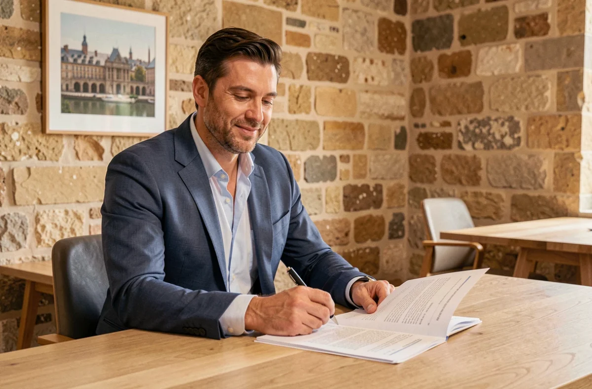 Expert-comptable indépendant Maxime Augiat dans son cabinet de comptabilité à Bordeaux examinant un dossier client