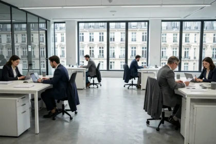 Vue grand angle d'un cabinet comptable moderne en Île-de-France avec des professionnels travaillant dans un espace ouvert élégant