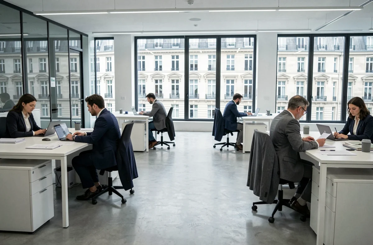 Vue grand angle d'un cabinet comptable moderne en Île-de-France avec des professionnels travaillant dans un espace ouvert élégant