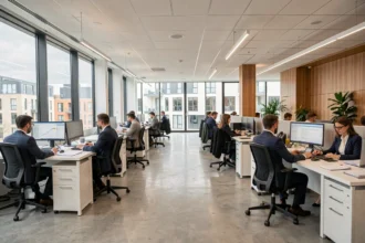 Vue panoramique d'un cabinet comptable moderne en Nouvelle-Aquitaine avec des professionnels au travail