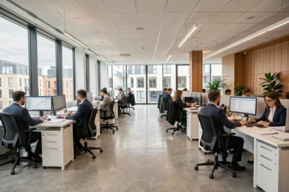 Vue panoramique d'un cabinet comptable moderne en Nouvelle-Aquitaine avec des professionnels au travail