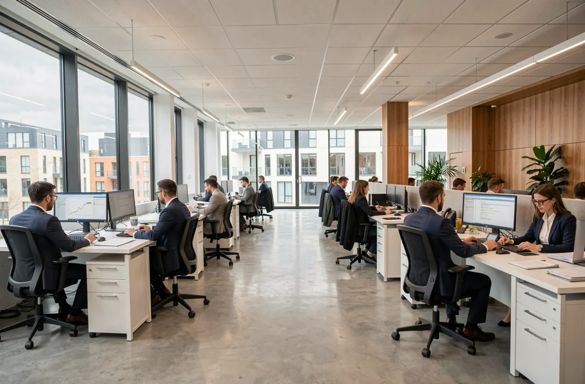 Vue panoramique d'un cabinet comptable moderne en Nouvelle-Aquitaine avec des professionnels au travail