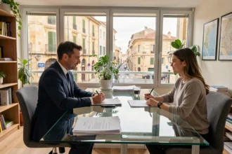 Un conseiller en crédit immobilier reçoit un couple dans une agence moderne à La Rochelle pour un classement des meilleurs courtiers en Charente-Maritime