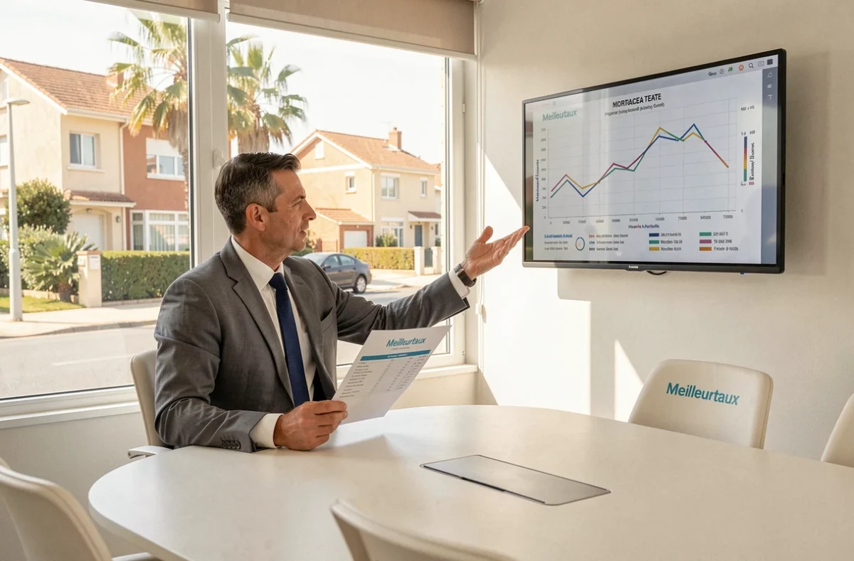 Un conseiller Meilleurtaux en Charente-Maritime présente une comparaison de taux de prêt immobilier dans une salle de réunion de l'agence