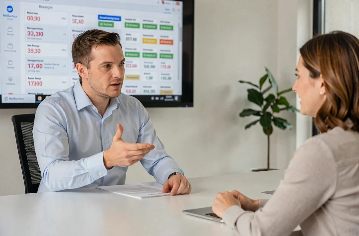 Courtier Meilleurtaux Besançon comparant des taux de prêt immobilier avec un client