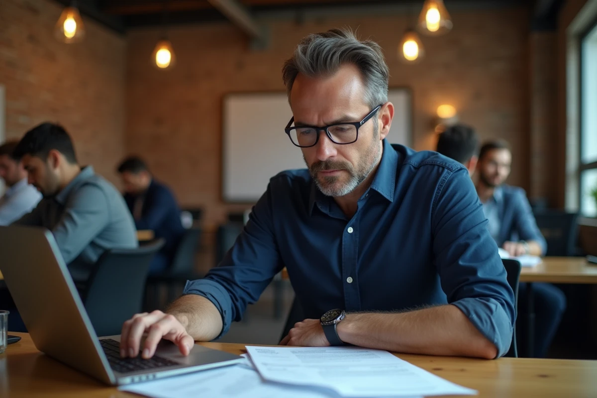 Micro-entrepreneur consultant ses documents URSSAF dans un espace de coworking lors d'un changement de statut