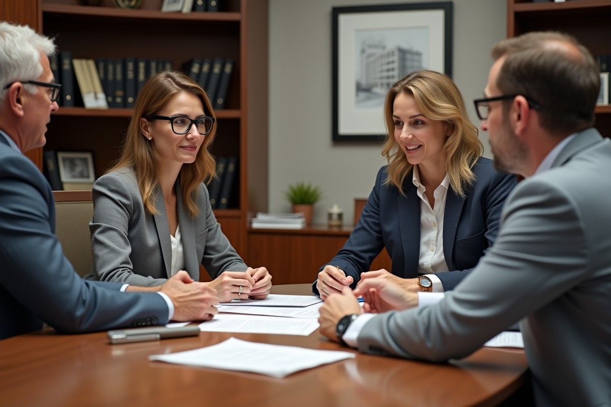 Jeune notaire expliquant des documents à un couple