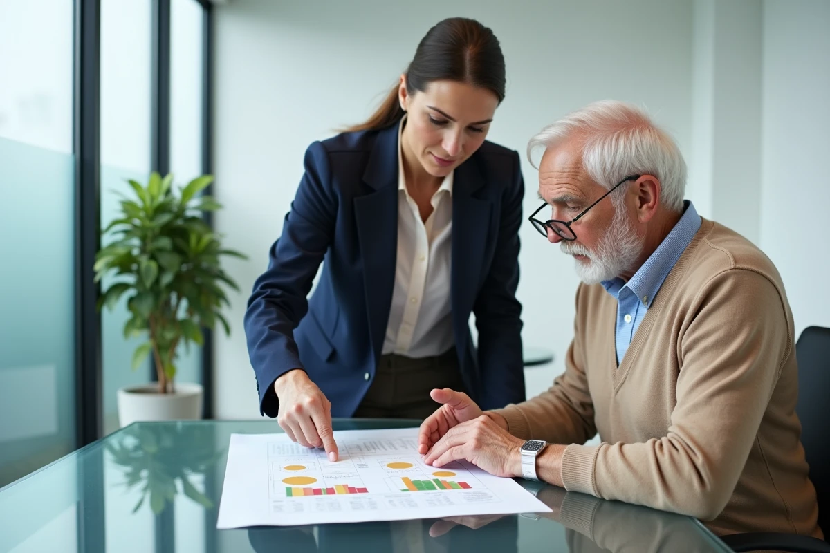 Notaire femme présentant un plan de gestion du patrimoine à un client senior dans un bureau moderne