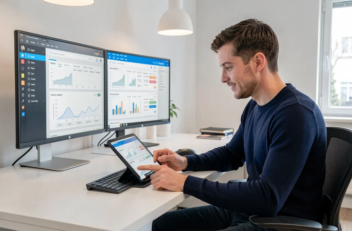 Comptable de Numbr travaillant sur un logiciel de comptabilité cloud depuis un bureau minimaliste et numérique à Paris