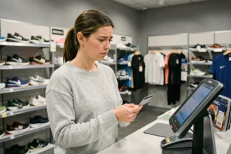 Femme perplexe devant un terminal de paiement en magasin Intersport, carte bancaire en main, illustrant les conditions de paiement en plusieurs fois