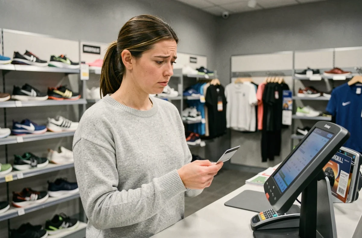 Femme perplexe devant un terminal de paiement en magasin Intersport, carte bancaire en main, illustrant les conditions de paiement en plusieurs fois