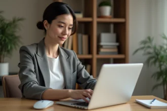 Femme indépendante payant ses cotisations en ligne sur le site de l'URSSAF depuis son bureau à domicile
