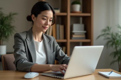 Femme indépendante payant ses cotisations en ligne sur le site de l'URSSAF depuis son bureau à domicile
